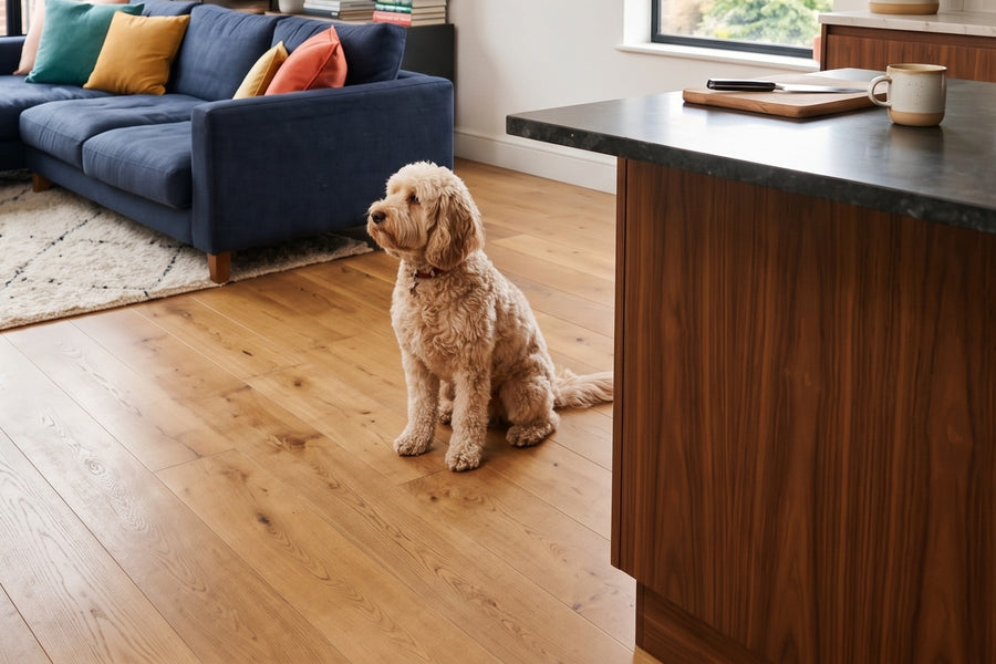An apricot cockapoo sitting in a kitchen.
