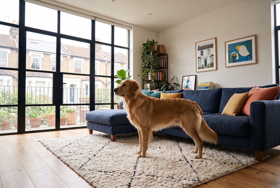 A golden retriever standing in a living room.