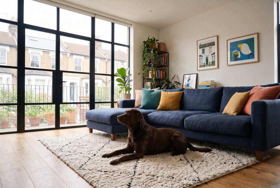 A chocolate Labrador lying in a living room.