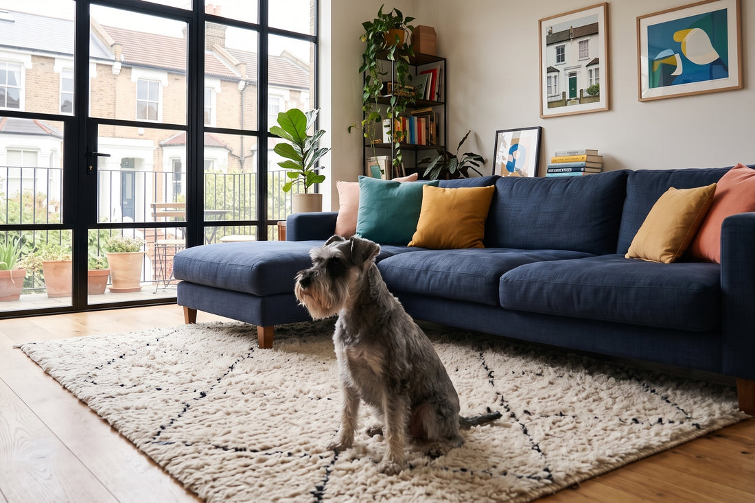 A miniature schnauzer sitting in a living room.