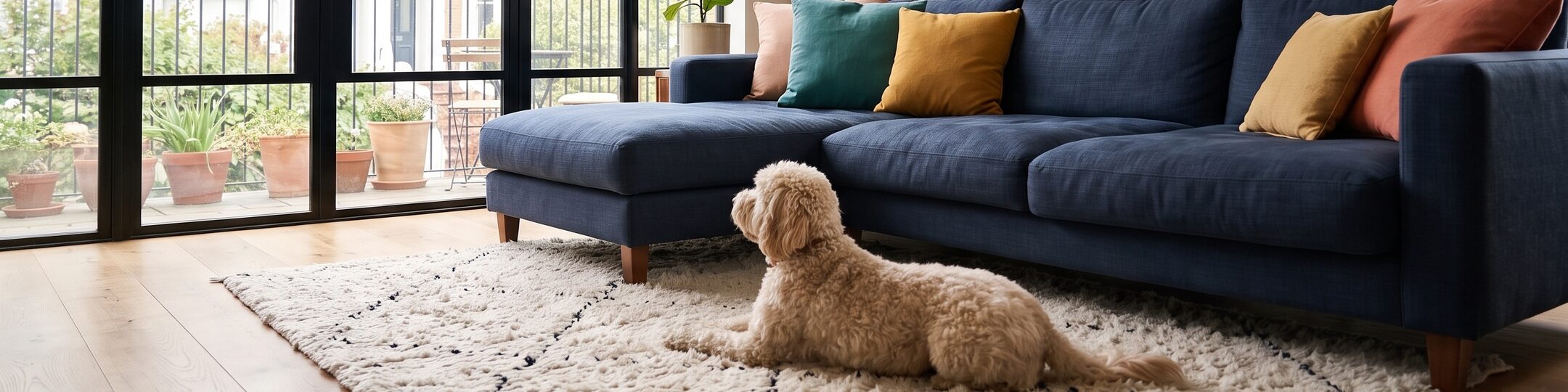 A cream curly-coated dog resting on a rug in a bright living room