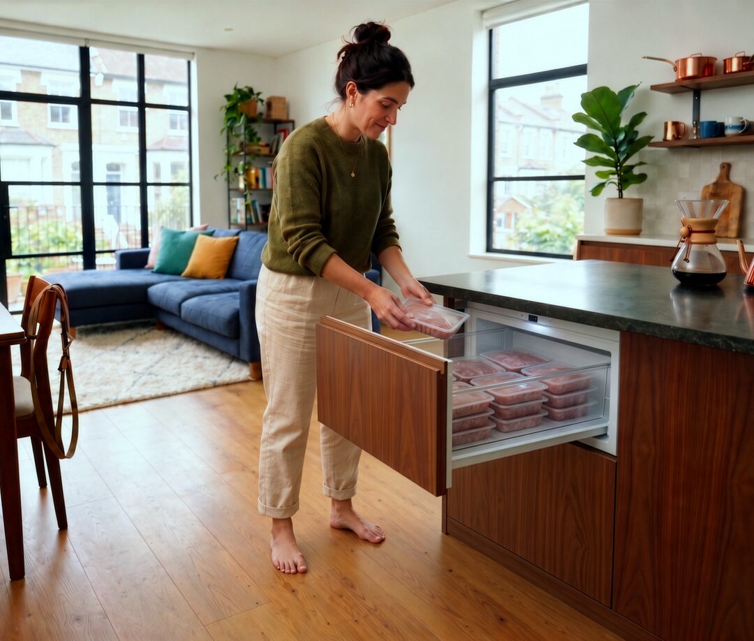 A woman placing a tray of raw food into an open freezer drawer built into a kitchen island
