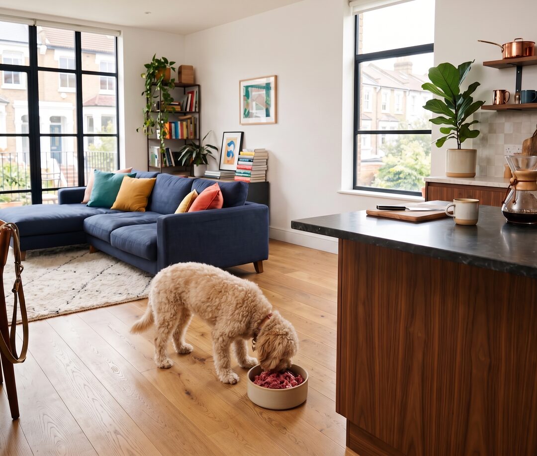 A dog eating at a bowl in a kitchen