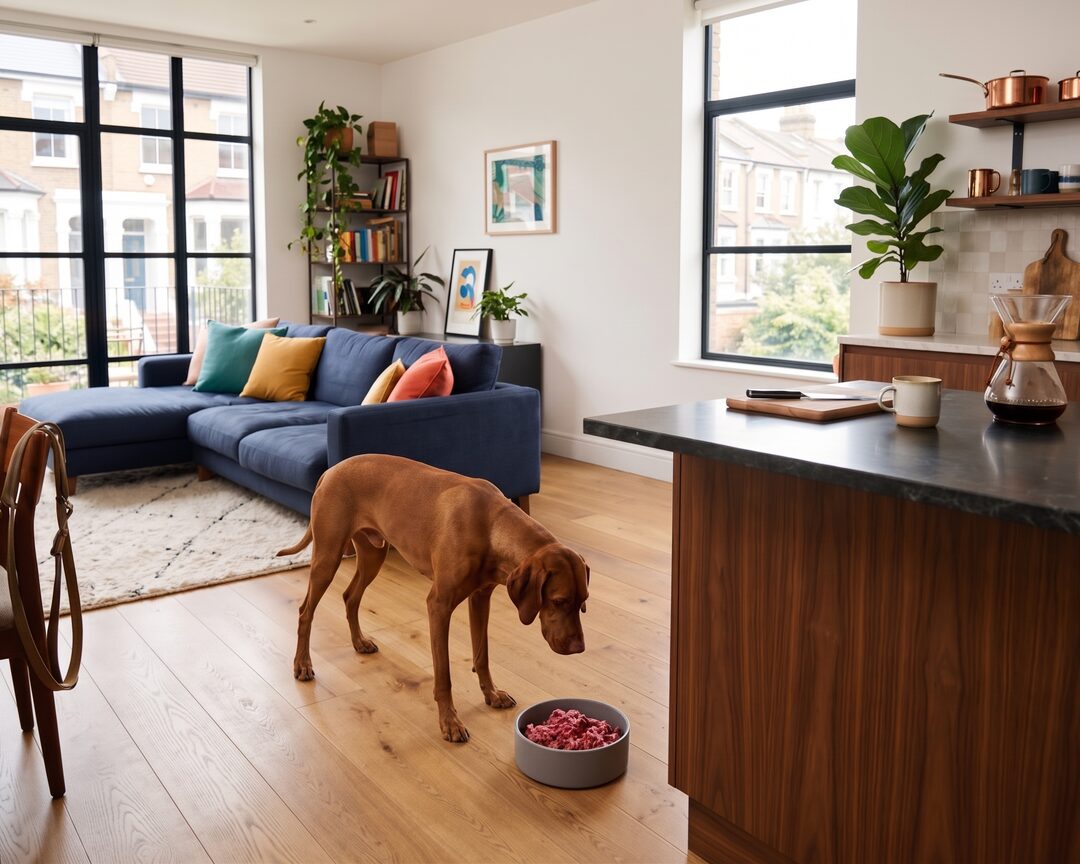 A russet Hungarian Vizsla standing over a plain ceramic bowl of raw mince on the oak floor of a kitchen.